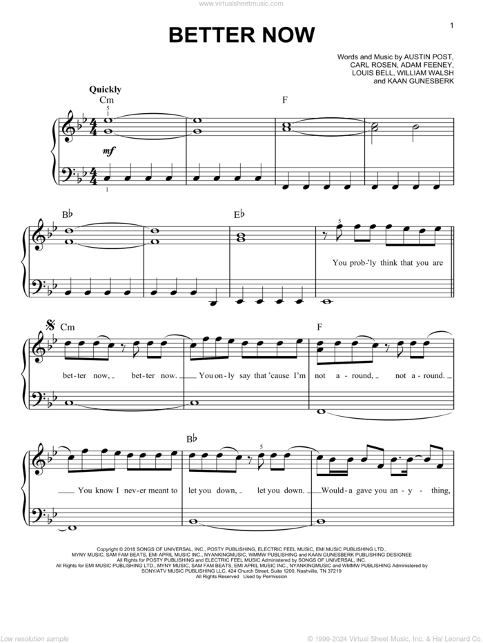 Better Now sheet music for piano solo by Post Malone, Adam Feeney, Austin Post, Carl Rosen, Kaan Gunesberk, Louis Bell and William Walsh, easy skill level