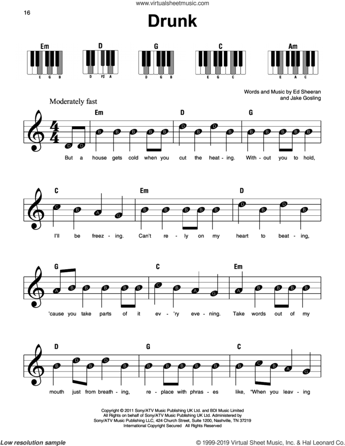 Drunk sheet music for piano solo by Ed Sheeran and Jake Gosling, beginner skill level