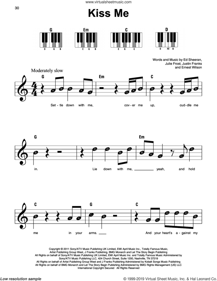 Kiss Me sheet music for piano solo by Ed Sheeran, Ernest Wilson, Julie Frost and Justin Franks, beginner skill level