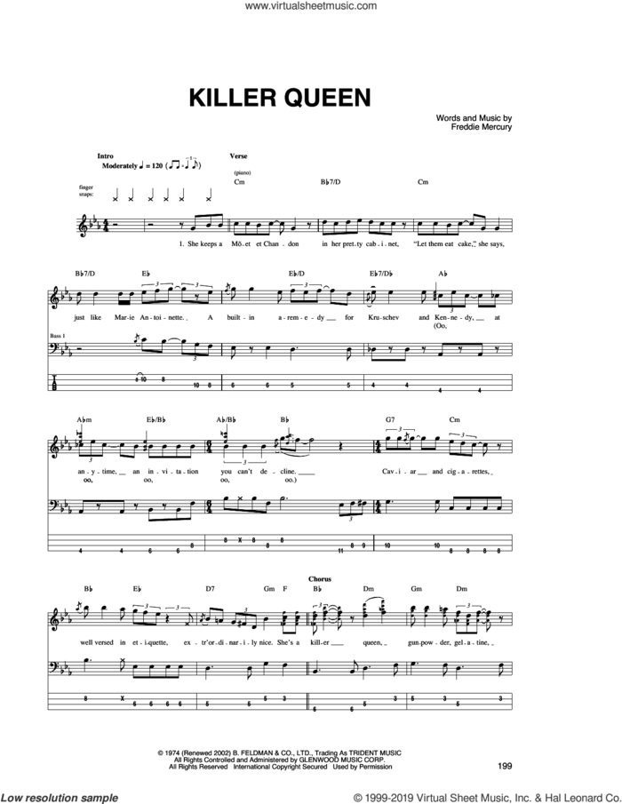 Killer Queen sheet music for bass (tablature) (bass guitar) by Queen and Freddie Mercury, intermediate skill level