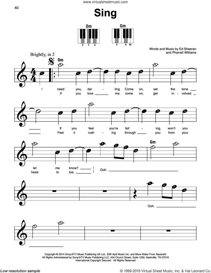 Sing sheet music for piano solo by Ed Sheeran and Pharrell Williams, beginner skill level