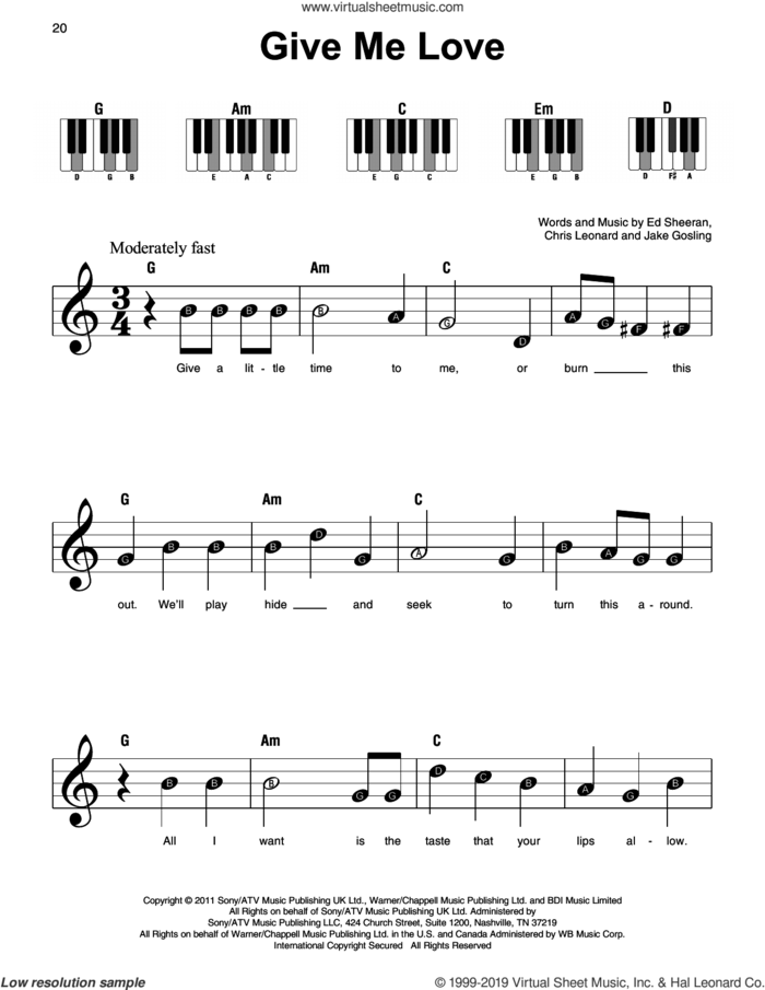 Give Me Love sheet music for piano solo by Ed Sheeran, Chris Leonard and Jake Gosling, beginner skill level