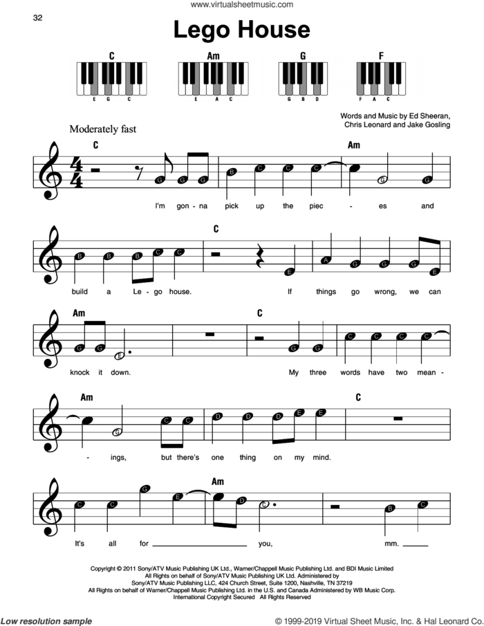 Lego House sheet music for piano solo by Ed Sheeran, Chris Leonard and Jake Gosling, beginner skill level