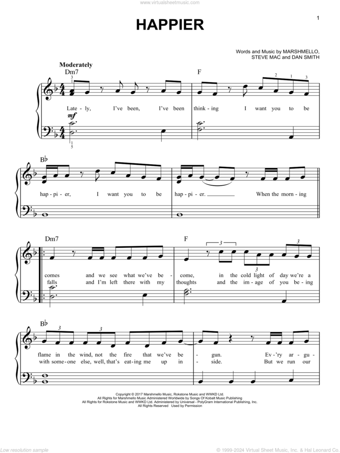 Happier, (easy) sheet music for piano solo by Marshmello & Bastille, Dan Smith, Marshmello and Steve Mac, easy skill level