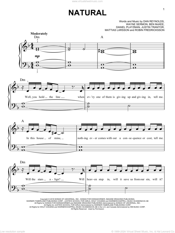 Natural sheet music for piano solo by Imagine Dragons, Ben McKee, Dan Reynolds, Daniel Platzman, Justin Tranter, Mattias Larsson, Robin Fredriksson and Wayne Sermon, easy skill level