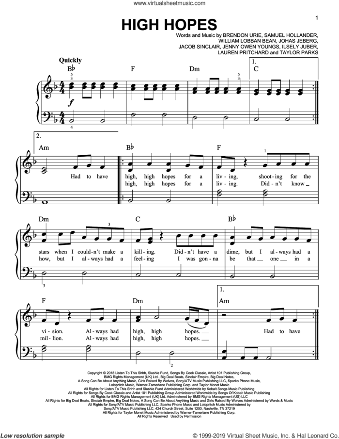 High Hopes, (easy) sheet music for piano solo by Panic! At The Disco, Brendon Urie, Ilsey Juber, Jacob Sinclair, Jenny Owen Youngs, Jonas Jeberg, Lauren Pritchard, Sam Hollander, Taylor Parks and William Lobban Bean, easy skill level