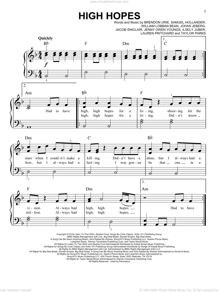 High Hopes, (easy) sheet music for piano solo by Panic! At The Disco, Brendon Urie, Ilsey Juber, Jacob Sinclair, Jenny Owen Youngs, Jonas Jeberg, Lauren Pritchard, Sam Hollander, Taylor Parks and William Lobban Bean, easy skill level