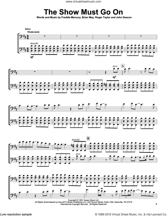 The Show Must Go On sheet music for two cellos (duet, duets) by 2Cellos, Queen, Brian May, Freddie Mercury, John Deacon and Roger Taylor, intermediate skill level