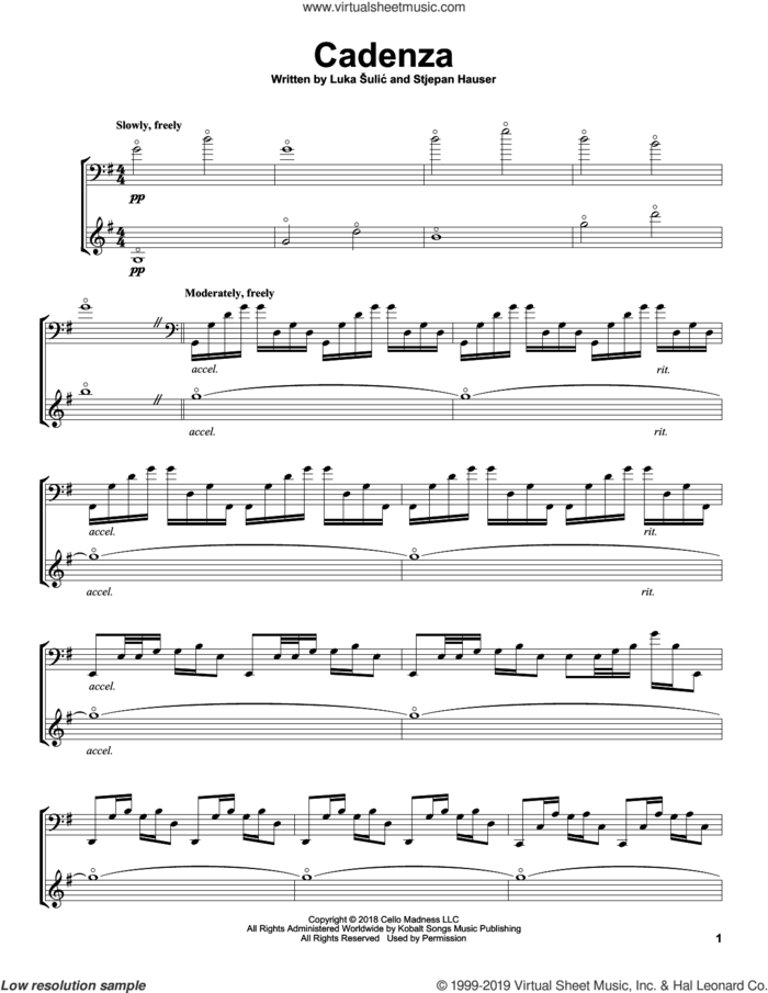 Cadenza sheet music for two cellos (duet, duets) by 2Cellos, Luka Sulic and Stjepan Hauser, classical score, intermediate skill level