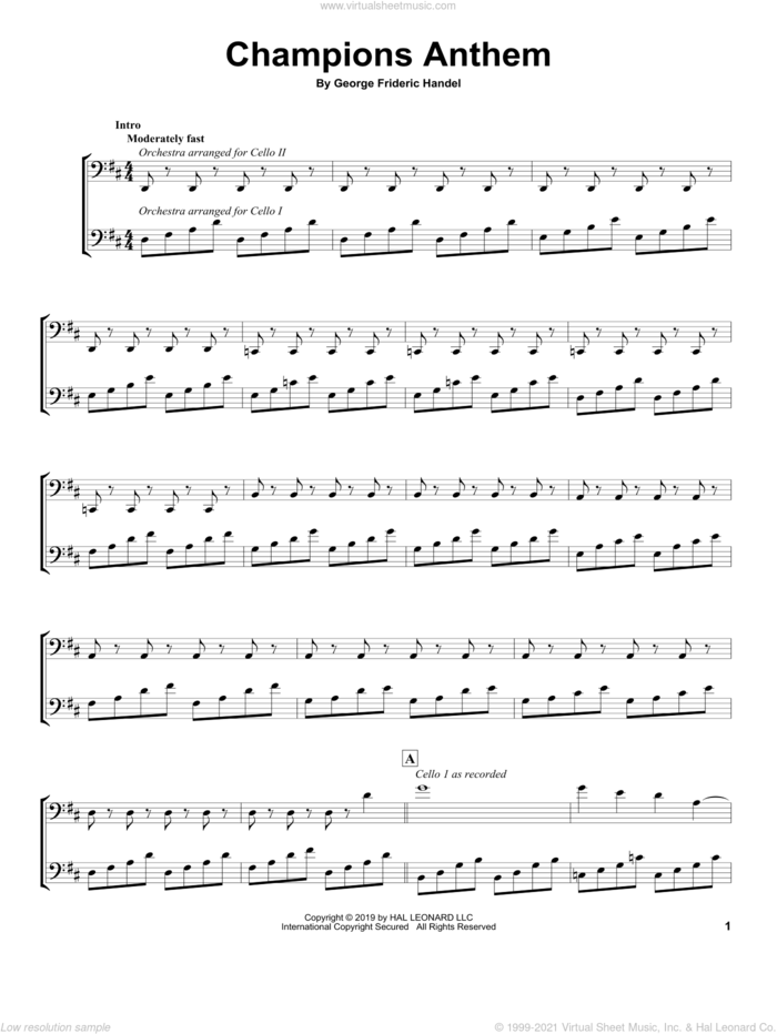 Champions Anthem sheet music for two cellos (duet, duets) by 2Cellos and George Frideric Handel, classical score, intermediate skill level