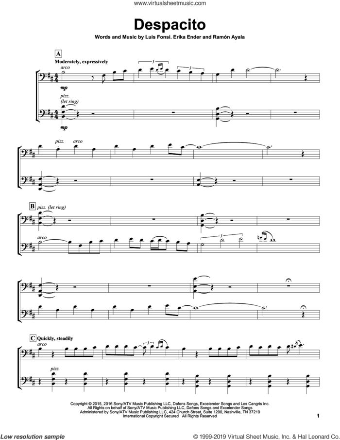 Despacito sheet music for two cellos (duet, duets) by 2Cellos, Luis Fonsi & Daddy Yankee, Luis Fonsi & Daddy Yankee feat. Justin Bieber, Erika Ender, Luis Fonsi and Ramon Ayala, classical score, intermediate skill level