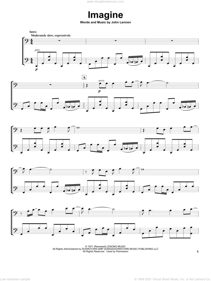Imagine sheet music for two cellos (duet, duets) by 2Cellos, David Archuleta and John Lennon, intermediate skill level