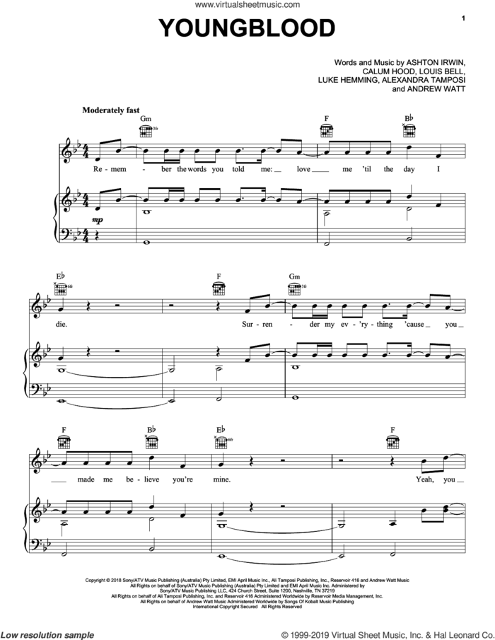 Youngblood sheet music for voice, piano or guitar by 5 Seconds of Summer, Alexandria Tamposi, Andrew Watt, Ashton Irwin, Calum Hood, Louis Bell and Luke Hemming, intermediate skill level