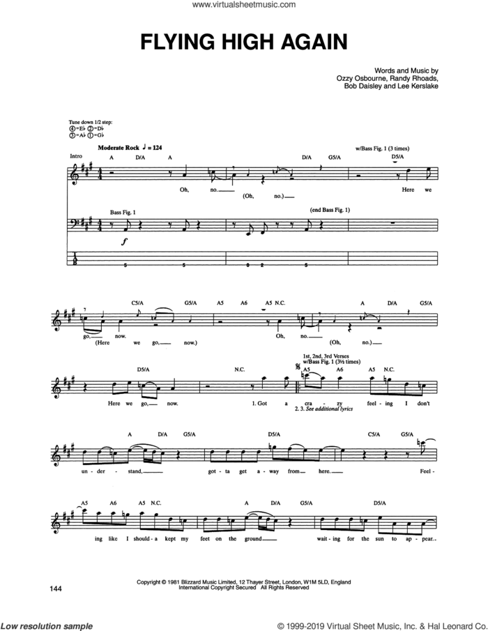 Flying High Again sheet music for bass (tablature) (bass guitar) by Ozzy Osbourne, Bob Daisley, Lee Kerslake and Randy Rhoads, intermediate skill level
