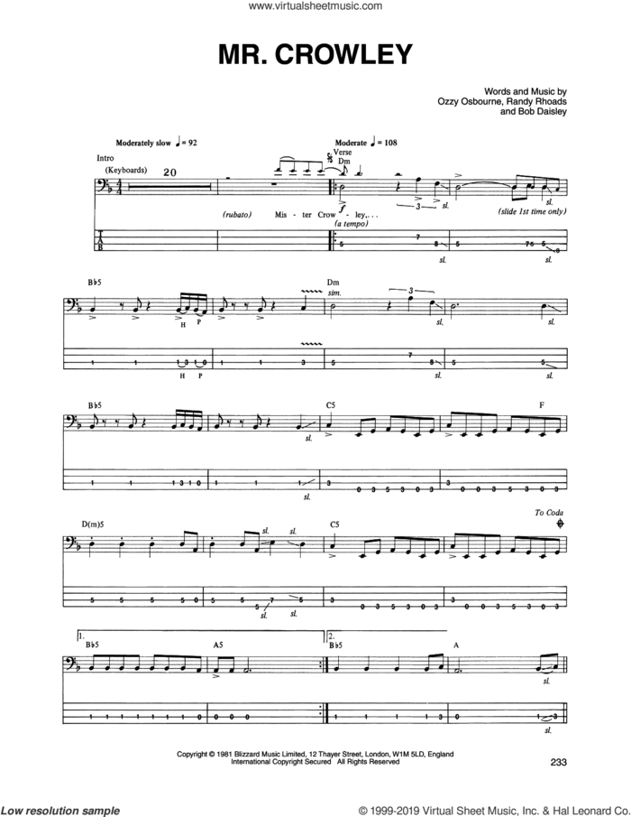 Mr. Crowley sheet music for bass (tablature) (bass guitar) by Ozzy Osbourne, Bob Daisley and Randy Rhoads, intermediate skill level