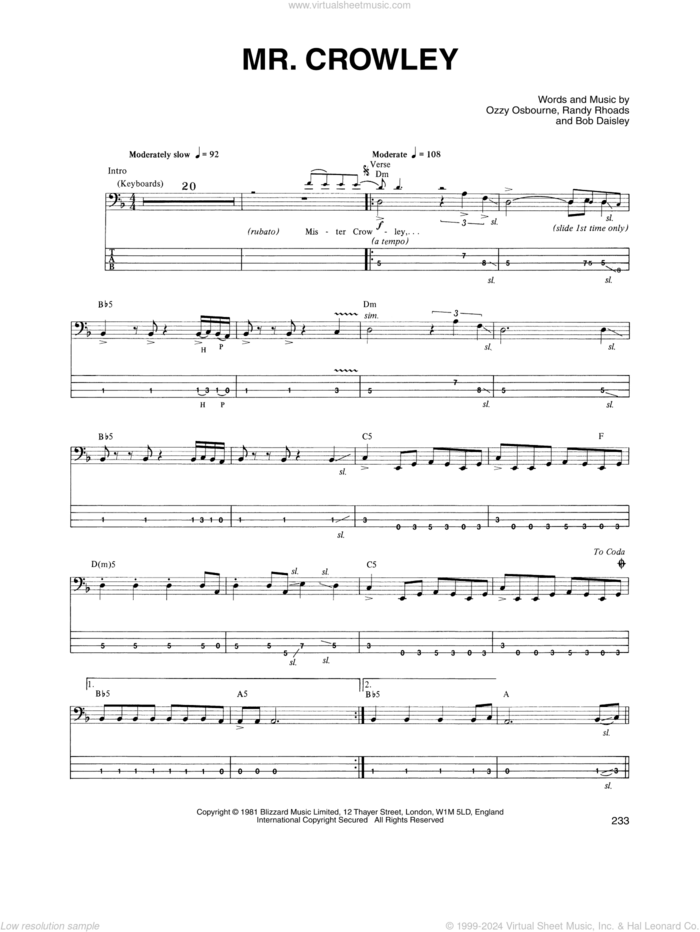 Mr. Crowley sheet music for bass (tablature) (bass guitar) by Ozzy Osbourne, Bob Daisley and Randy Rhoads, intermediate skill level