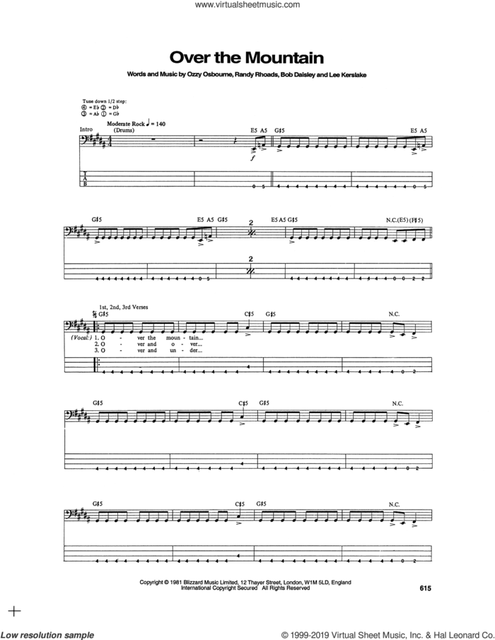Over The Mountain sheet music for bass (tablature) (bass guitar) by Ozzy Osbourne, Bob Daisley, Lee Kerslake and Randy Rhoads, intermediate skill level