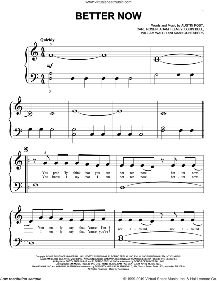 Better Now sheet music for piano solo (big note book) by Post Malone, Adam Feeney, Austin Post, Carl Rosen, Kaan Gunesberk, Louis Bell and William Walsh, easy piano (big note book)
