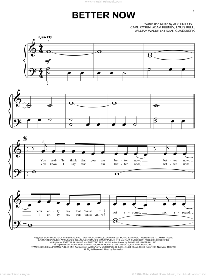 Better Now sheet music for piano solo (big note book) by Post Malone, Adam Feeney, Austin Post, Carl Rosen, Kaan Gunesberk, Louis Bell and William Walsh, easy piano (big note book)