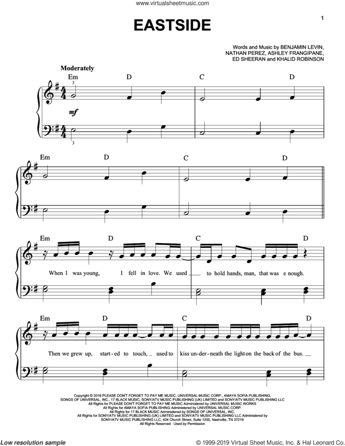 Eastside sheet music for piano solo by benny blanco, Halsey & Khalid, Ashley Frangipane, Benjamin Levin, Ed Sheeran, Khalid Robinson and Nathan Perez, easy skill level