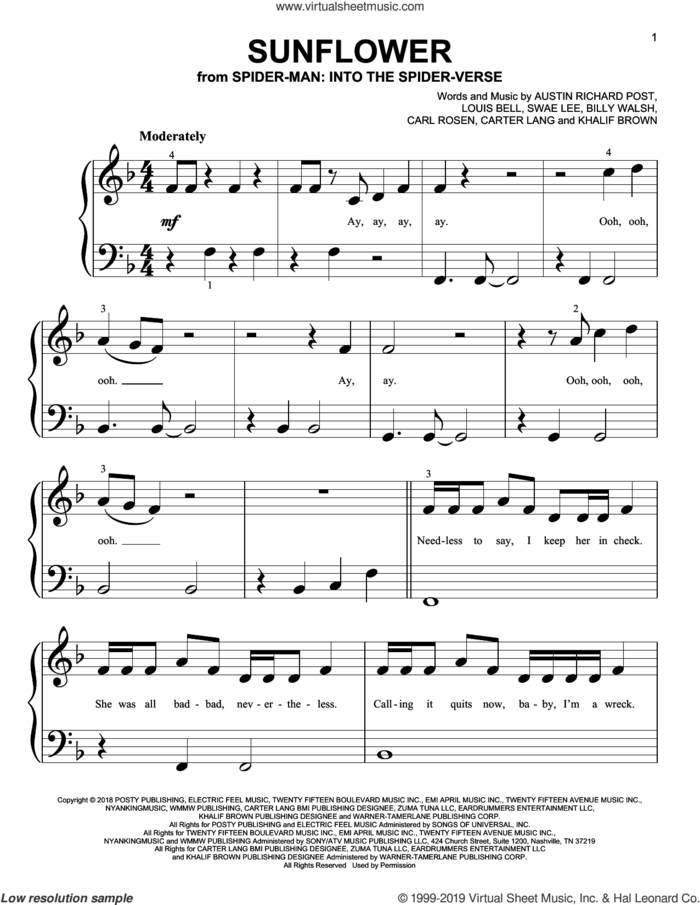 Sunflower (from Spider-Man: Into The Spider-Verse) sheet music for piano solo (big note book) by Post Malone & Swae Lee, Austin Richard Post, Billy Walsh, Carl Rosen, Carter Lang, Khalif Brown, Louis Bell and Swae Lee, easy piano (big note book)