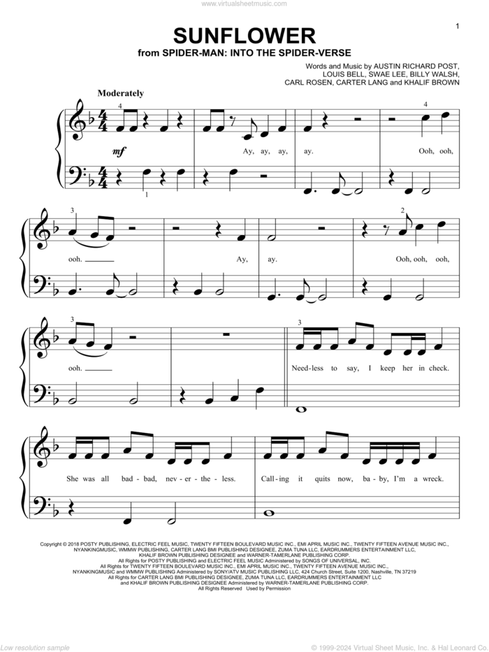 Sunflower (from Spider-Man: Into The Spider-Verse) sheet music for piano solo (big note book) by Post Malone & Swae Lee, Austin Richard Post, Billy Walsh, Carl Rosen, Carter Lang, Khalif Brown, Louis Bell and Swae Lee, easy piano (big note book)