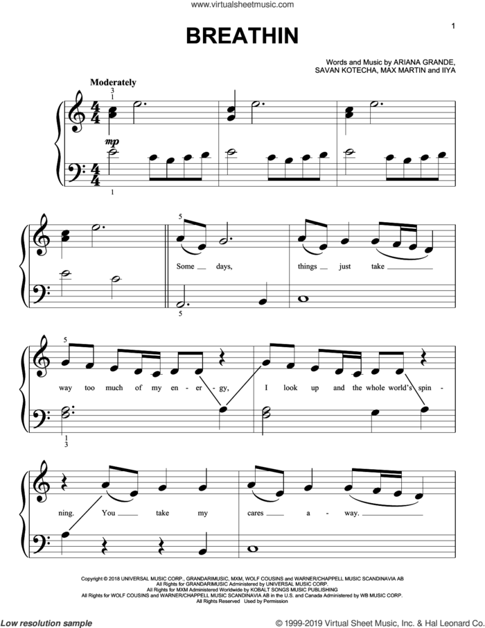 Breathin sheet music for piano solo (big note book) by Ariana Grande, Ilya Salmanzadeh, Max Martin and Savan Kotecha, easy piano (big note book)