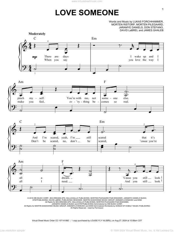 Love Someone sheet music for piano solo by Lukas Graham, David Labrel, Don Stefano, James Ghaleb, Jaramye Daniels, Lukas Forchhammer, Morten Pilegaard and Morten Ristorp, easy skill level