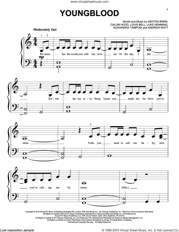 Youngblood sheet music for piano solo (big note book) by 5 Seconds of Summer, Alexandria Tamposi, Andrew Watt, Ashton Irwin, Calum Hood, Louis Bell and Luke Hemming, easy piano (big note book)