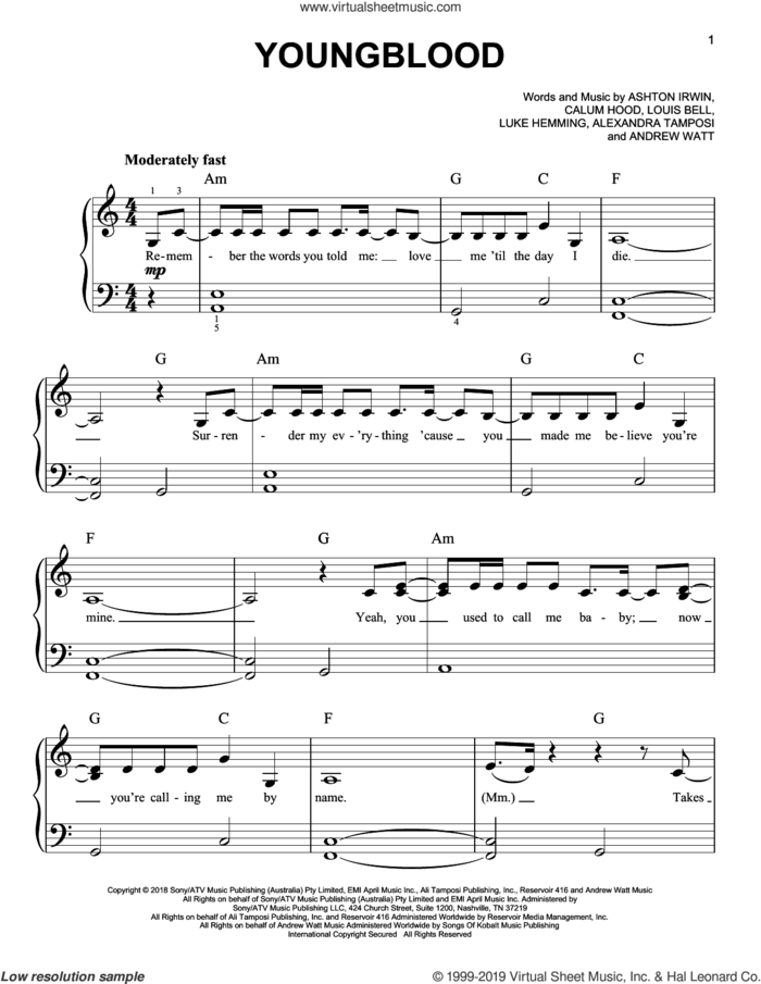 Youngblood sheet music for piano solo by 5 Seconds of Summer, Alexandria Tamposi, Andrew Watt, Ashton Irwin, Calum Hood, Louis Bell and Luke Hemming, easy skill level