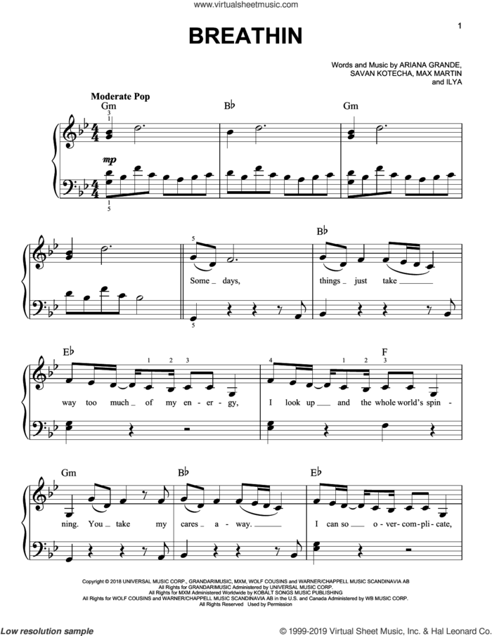 Breathin sheet music for piano solo by Ariana Grande, Ilya Salmanzadeh, Max Martin and Savan Kotecha, easy skill level