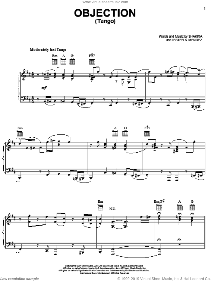 Objection (Tango) sheet music for voice, piano or guitar by Shakira and Lester Mendez, intermediate skill level