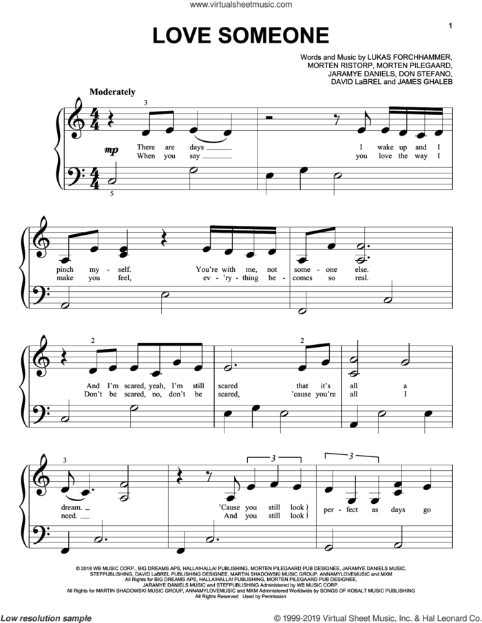 Love Someone sheet music for piano solo (big note book) by Lukas Graham, David Labrel, Don Stefano, James Ghaleb, Jaramye Daniels, Lukas Forchhammer, Morten Pilegaard and Morten Ristorp, easy piano (big note book)