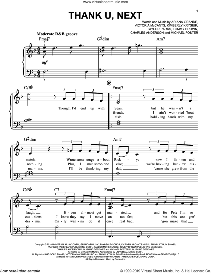 thank u, next, (easy) sheet music for piano solo by Ariana Grande, Charles Anderson, Kimberly Krysiuk, Michael Foster, Taylor Parks, Tommy Brown and Victoria McCants, easy skill level