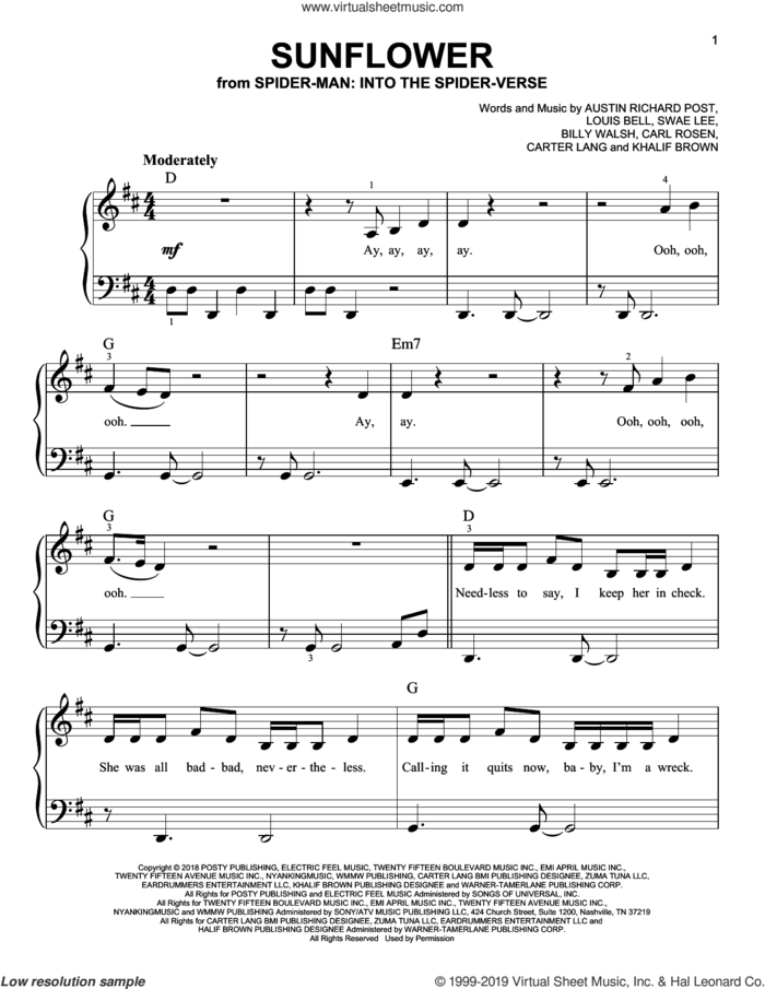 Sunflower (from Spider-Man: Into The Spider-Verse), (easy) sheet music for piano solo by Post Malone & Swae Lee, Austin Richard Post, Billy Walsh, Carl Rosen, Carter Lang, Khalif Brown, Louis Bell and Swae Lee, easy skill level