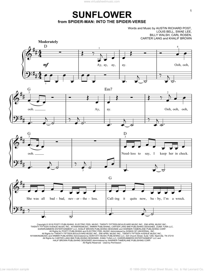 Sunflower (from Spider-Man: Into The Spider-Verse), (easy) sheet music for piano solo by Post Malone & Swae Lee, Austin Richard Post, Billy Walsh, Carl Rosen, Carter Lang, Khalif Brown, Louis Bell and Swae Lee, easy skill level