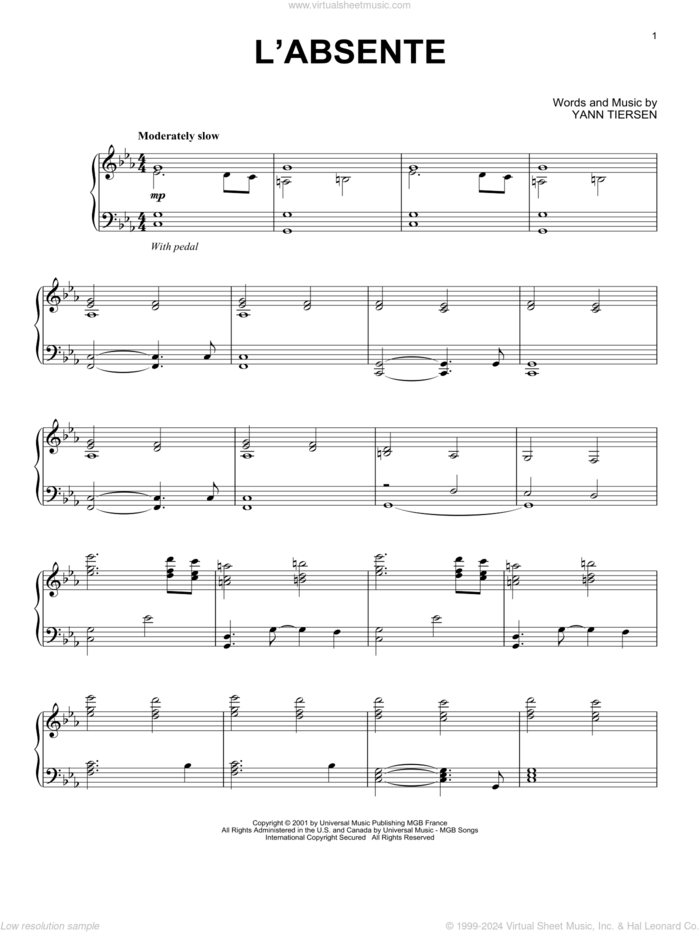 L'Absente sheet music for piano solo by Yann Tiersen, classical score, intermediate skill level