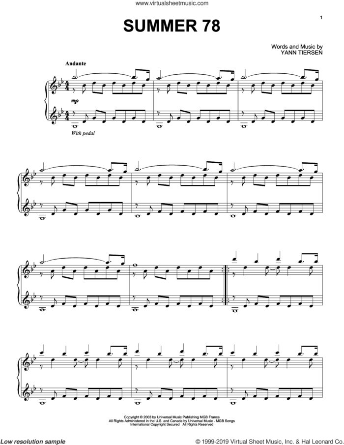 Summer 78 sheet music for piano solo by Yann Tiersen, classical score, intermediate skill level