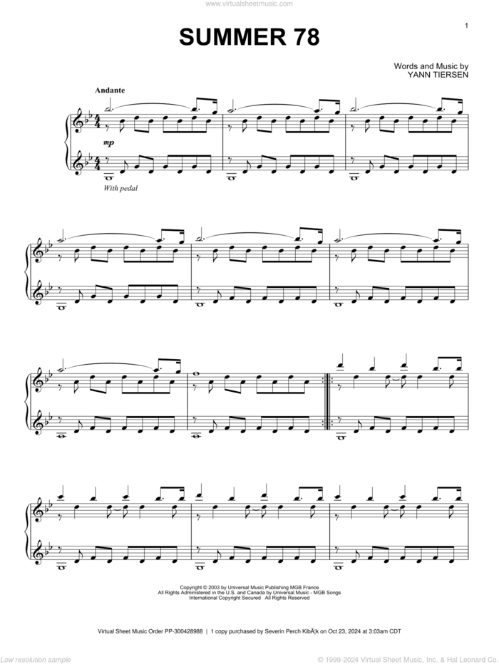 Summer 78 sheet music for piano solo by Yann Tiersen, classical score, intermediate skill level