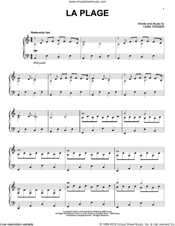 La Plage sheet music for piano solo by Yann Tiersen, classical score, intermediate skill level