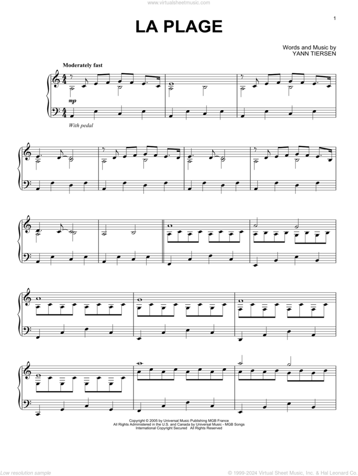 La Plage sheet music for piano solo by Yann Tiersen, classical score, intermediate skill level