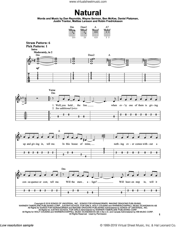 Natural sheet music for guitar solo (easy tablature) by Imagine Dragons, Ben McKee, Dan Reynolds, Daniel Platzman, Justin Tranter, Mattias Larsson, Robin Fredriksson and Wayne Sermon, easy guitar (easy tablature)