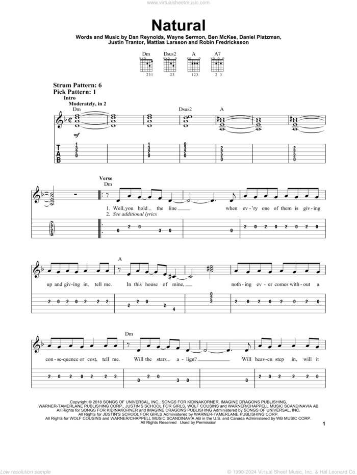 Natural sheet music for guitar solo (easy tablature) by Imagine Dragons, Ben McKee, Dan Reynolds, Daniel Platzman, Justin Tranter, Mattias Larsson, Robin Fredriksson and Wayne Sermon, easy guitar (easy tablature)