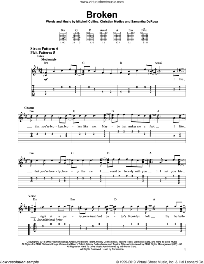Broken sheet music for guitar solo (easy tablature) by lovelytheband, Christian Medice, Mitchell Collins and Samantha DeRosa, easy guitar (easy tablature)