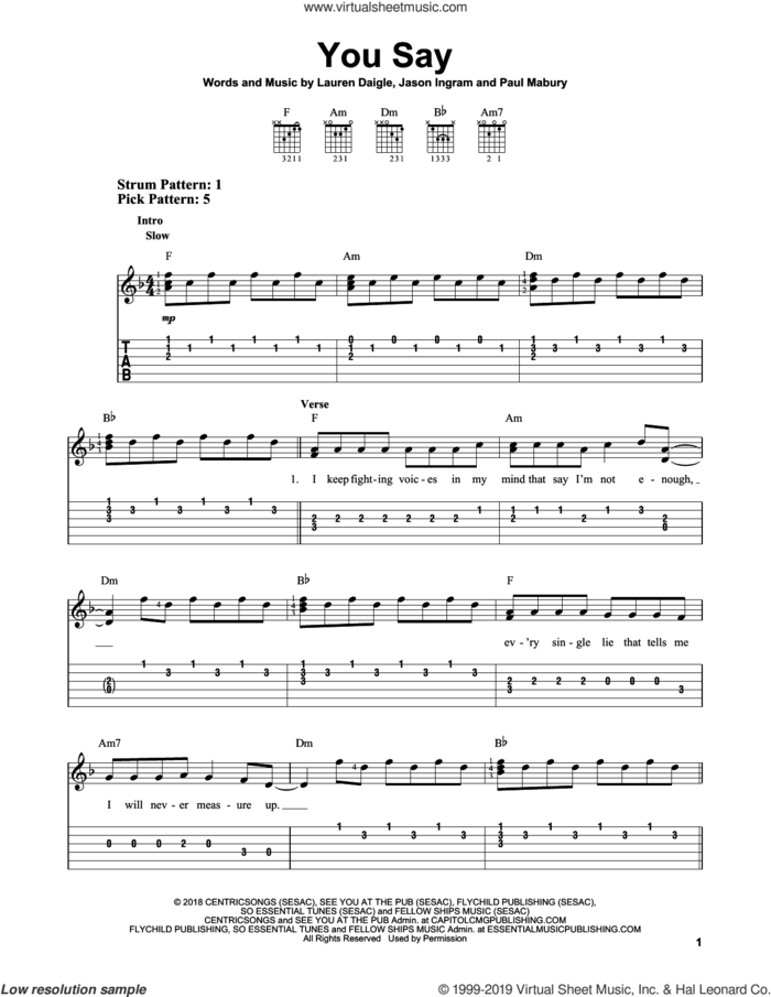 You Say sheet music for guitar solo (easy tablature) by Lauren Daigle, Jason Ingram and Paul Mabury, easy guitar (easy tablature)