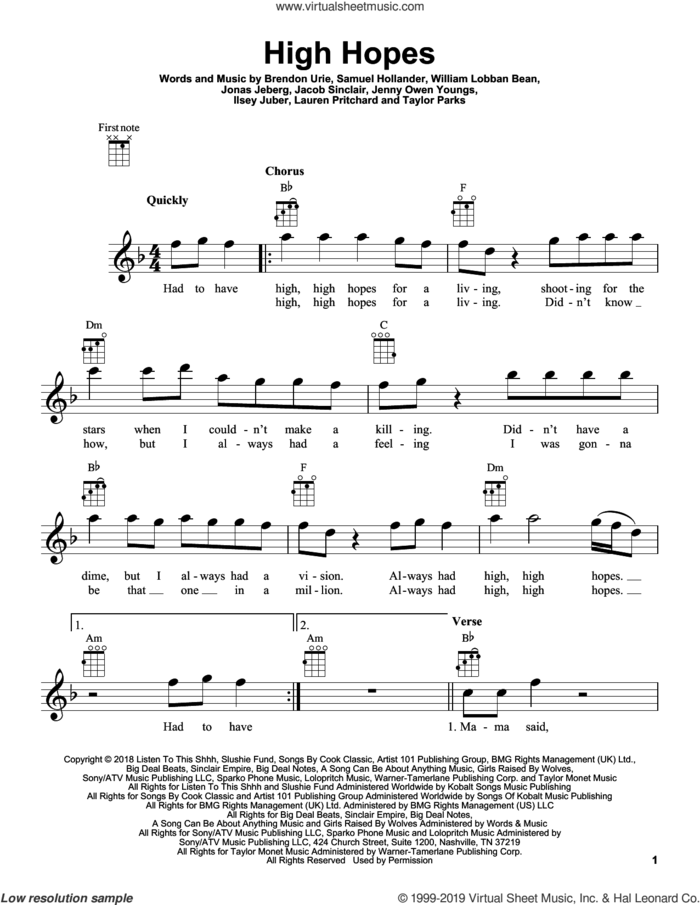 High Hopes sheet music for ukulele by Panic! At The Disco, Brendon Urie, Ilsey Juber, Jacob Sinclair, Jenny Owen Youngs, Jonas Jeberg, Lauren Pritchard, Sam Hollander, Taylor Parks and William Lobban Bean, intermediate skill level