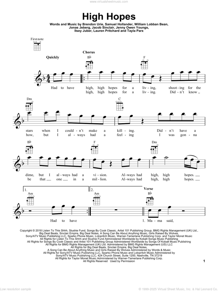 High Hopes sheet music for ukulele by Panic! At The Disco, Brendon Urie, Ilsey Juber, Jacob Sinclair, Jenny Owen Youngs, Jonas Jeberg, Lauren Pritchard, Sam Hollander, Taylor Parks and William Lobban Bean, intermediate skill level