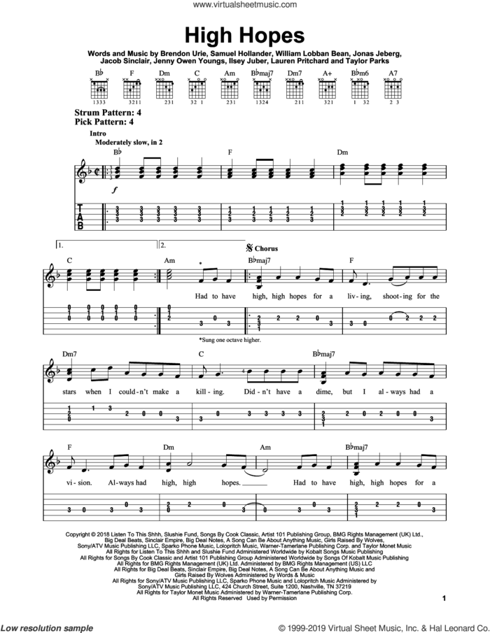 High Hopes sheet music for guitar solo (easy tablature) by Panic! At The Disco, Brendon Urie, Ilsey Juber, Jacob Sinclair, Jenny Owen Youngs, Jonas Jeberg, Lauren Pritchard, Sam Hollander, Taylor Parks and William Lobban Bean, easy guitar (easy tablature)