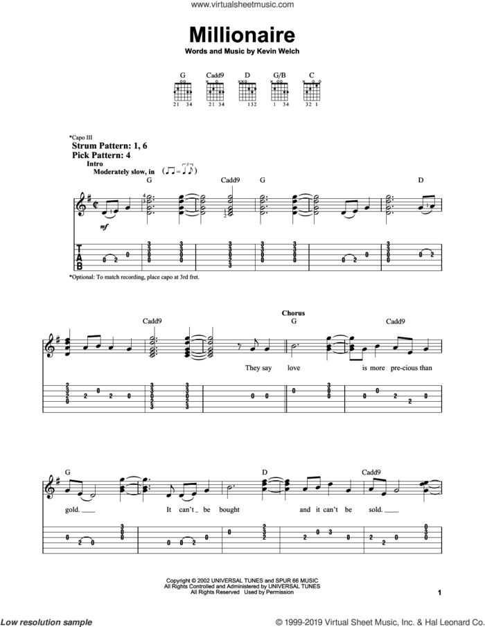 Millionaire sheet music for guitar solo (easy tablature) by Chris Stapleton and Kevin Welch, easy guitar (easy tablature)