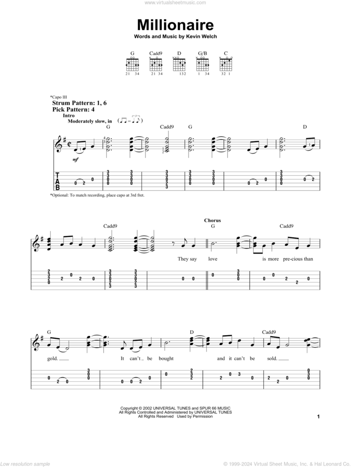 Millionaire sheet music for guitar solo (easy tablature) by Chris Stapleton and Kevin Welch, easy guitar (easy tablature)